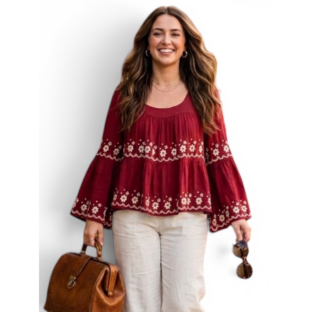 Easel Embroidered long bell sleeve blouse szM boho peasant Top airy western chic